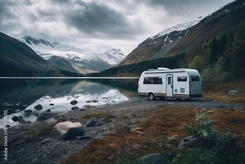 Camper Parked By Lake, Scenic Scandinavian Mountains