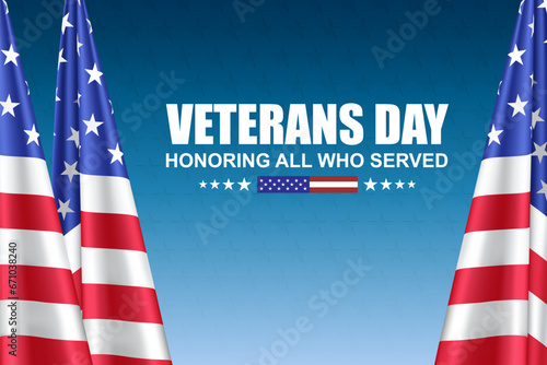 Veterans day poster. American flags on blue background. EPS10 vector