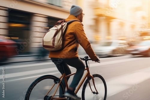American Man Riding Bicycle In City Street With Blurry Background