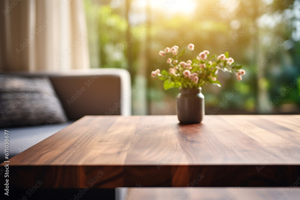 Top of surface wooden table with blurred modern living room background. Top of surface wooden table with blurred modern living room background.