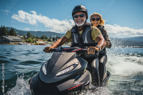 Happy senior Caucasian couple in safety helmets and vests riding jet ski on a lake or along sea coast. Active elderly people having fun on water scooter. Healthy lifestyle for retired persons.