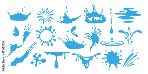Water splashes collection in a flat design. Set of water splash.Blue dripping water drops, splashes, sprays and tears. Liquid flow, wave, stream and puddles. 