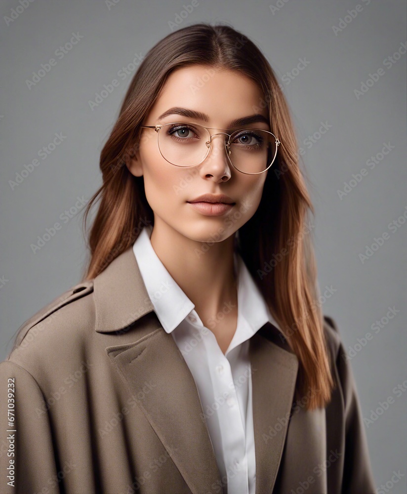 portrait of a beautiful and well groomed woman university student on a gray background