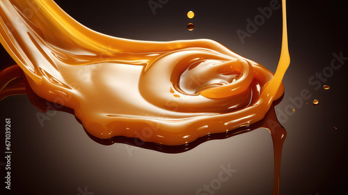 Close-up of liquid brown soft caramel pouring. Stream of caramel isolated on flat background with copy space. 3d render illustration style.  photo