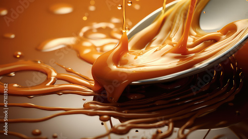 Close-up of liquid brown soft caramel pouring. Stream of caramel isolated on flat background with copy space. 3d render illustration style.  photo