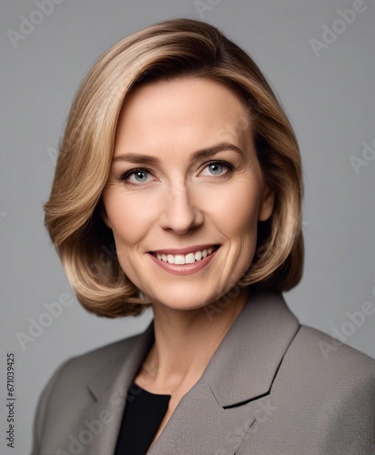 portrait of an American women politician or businesswomen in a suit on a gray background