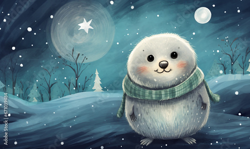 a cartoon of cute a seal and the moon