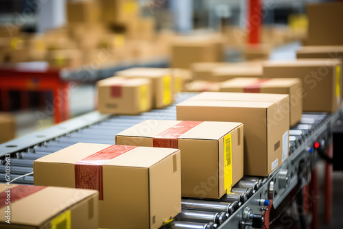 Warehouse conveyor belt with cardboard boxes on it. Transportation company, packing and shipping industry. 