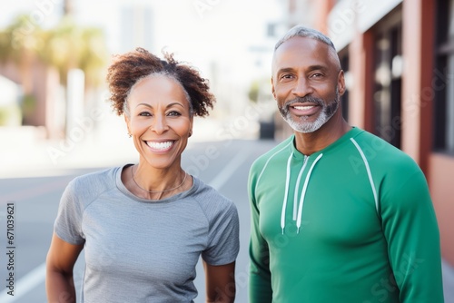 Mature African American couple in sports outfits looking at camera with energetic cheerful smile. Happy loving man and woman jogging or exercising outdoors. Healthy lifestyle in urban environment.