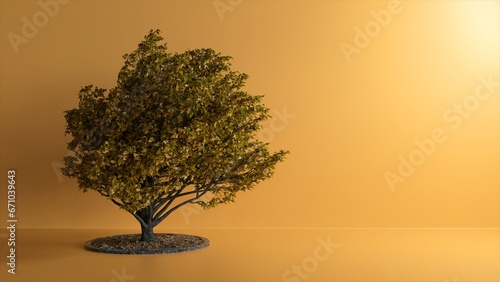 Tree in the studio on a orange background. The wind shakes branches and leaves. 3d illustration