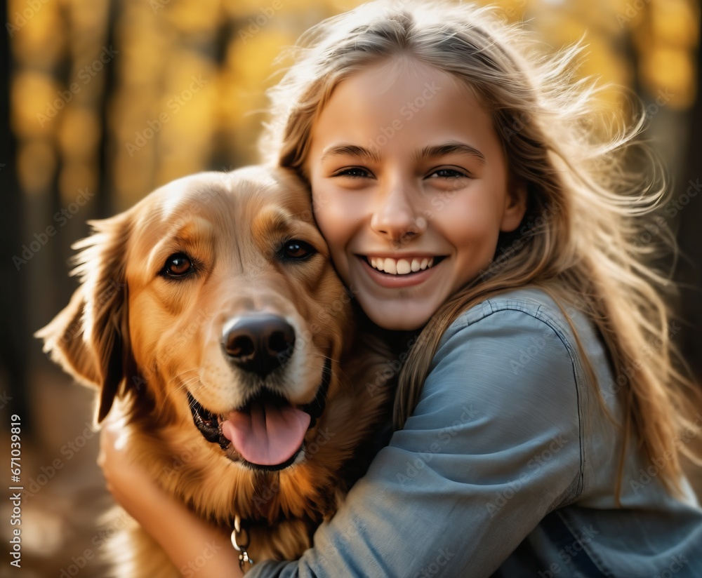 A Photograph capturing the joyous embrace of a girl and her loyal canine companion