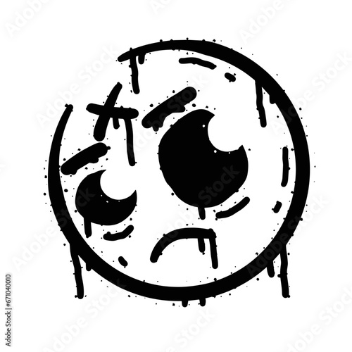 Graffiti grunge face. Cartoon aerosol fun expression. Spray funky paint art with leak and dot. Street art and urban vandalism symbol. Black grungy spill character isolated on white