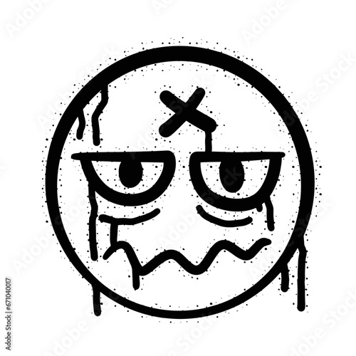 Graffiti grunge face. Cartoon aerosol fun expression. Spray funky paint art with leak and dot. Street art and urban vandalism symbol. Black grungy spill character isolated on white