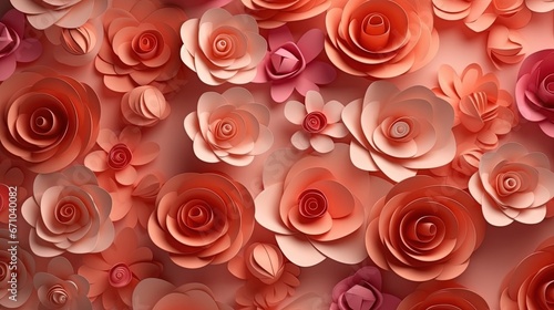  a bunch of red and pink paper flowers on a wall.  generative ai