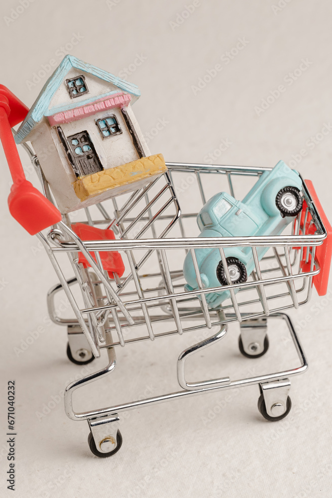 shopping cart and house model in saving plan for residence of people in society, purchasing home for living of dream of community lives