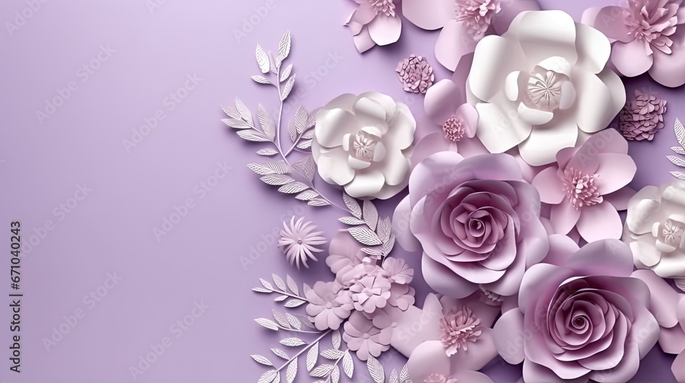  a bunch of paper flowers are on a purple background with leaves.  generative ai