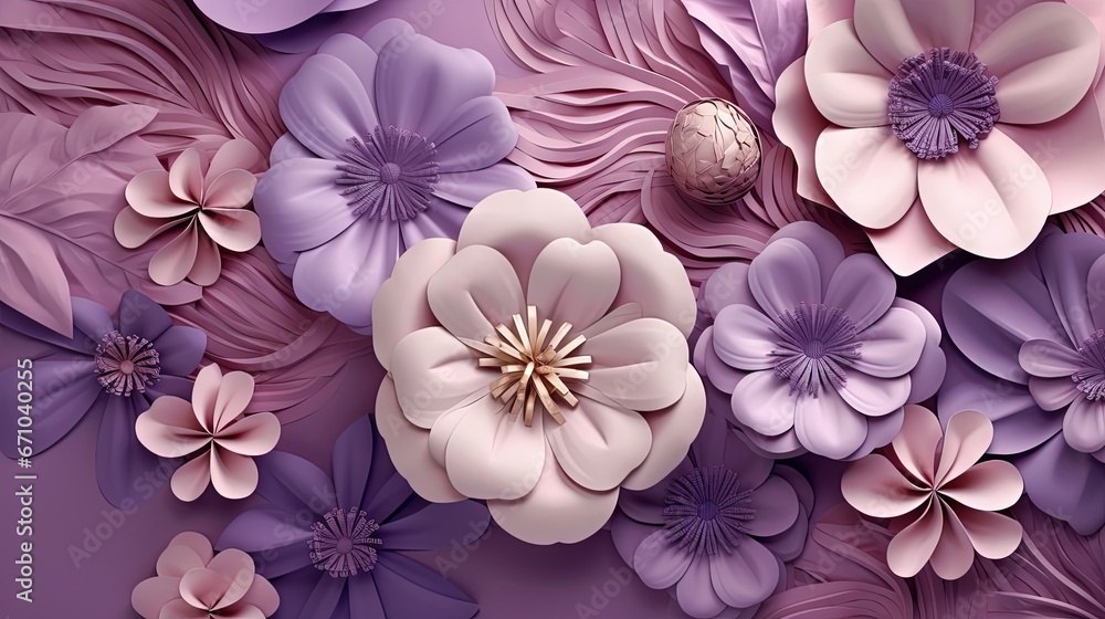  a bunch of flowers that are on a purple surface with leaves.  generative ai