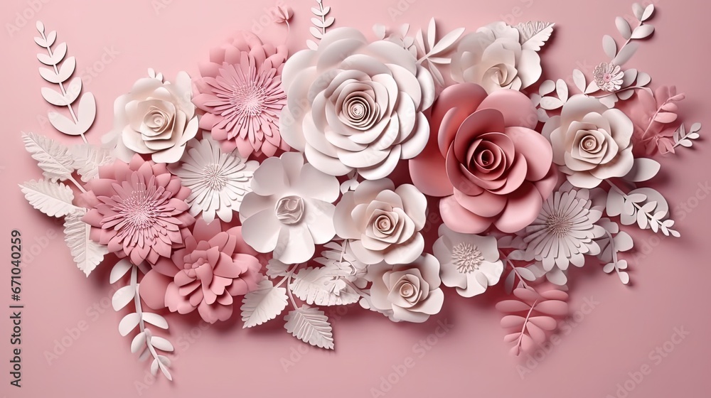  a bunch of paper flowers on a pink background with leaves.  generative ai