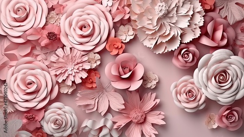  a bunch of paper flowers on a pink background with leaves. generative ai