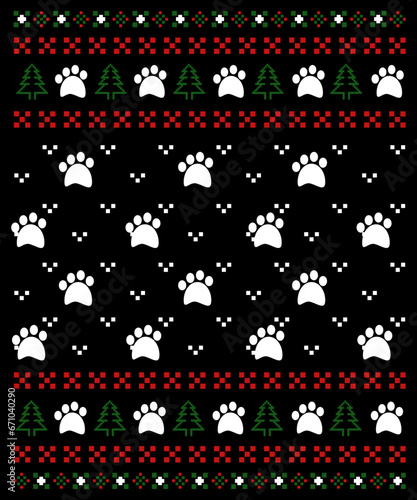 Ugly Christmas template, t shirt design, Ugly  Xmas tree and ornaments dog paw prints