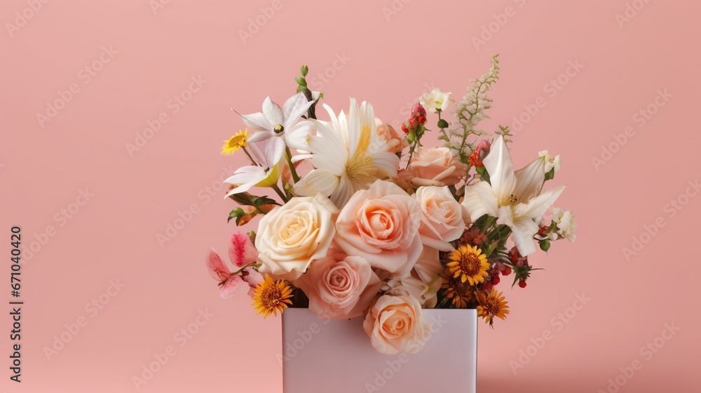  a bouquet of flowers in a white vase on a pink background.  generative ai