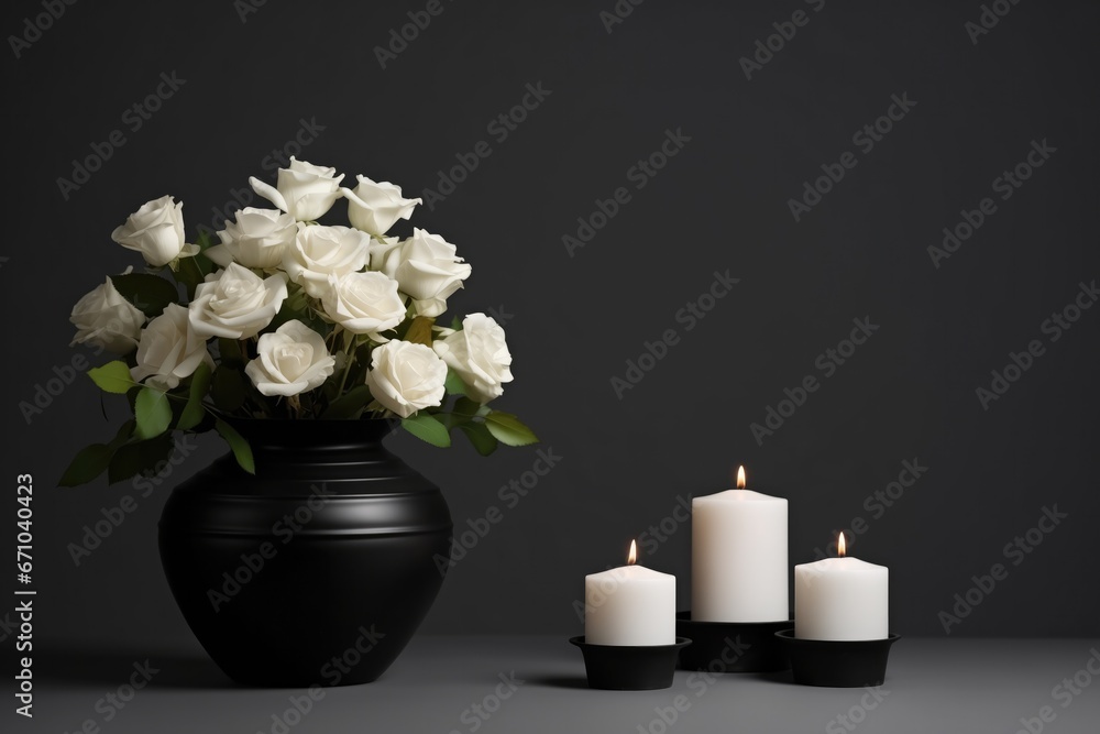 Black Urn, White Roses, Burning Candles At Funeral. Сoncept Funeral Decor, Traditional Ceremony, Mourning Rituals, Symbolic Elements Black Urn, White Roses, Burning Candles At Funeral. Сoncept Funeral Decor, Traditional Ceremony, Mourning Rituals, Symbolic Elements
