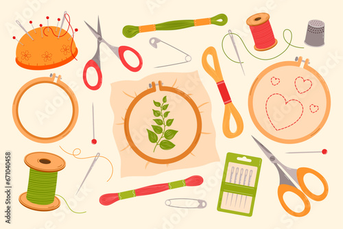 Set of tools for embroidery needlework. Hoop, thread, needle, floss, scissors and pincushion. Flat vector illustration