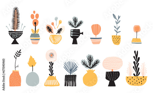 Midcentury modern potted floral houseplant vector graphic motif set. Organic summer gender neutral seventies matisse illustration collection in groovy playful style. 