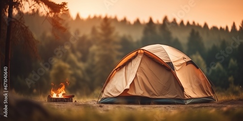 Camping Aesthetic With Blurred Forest Background And Tent