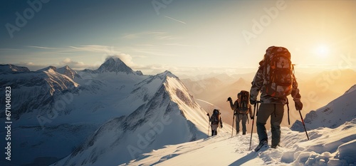 expedition of mountaineers on the mountain ridges all snowy and well equipped, winter concept photo