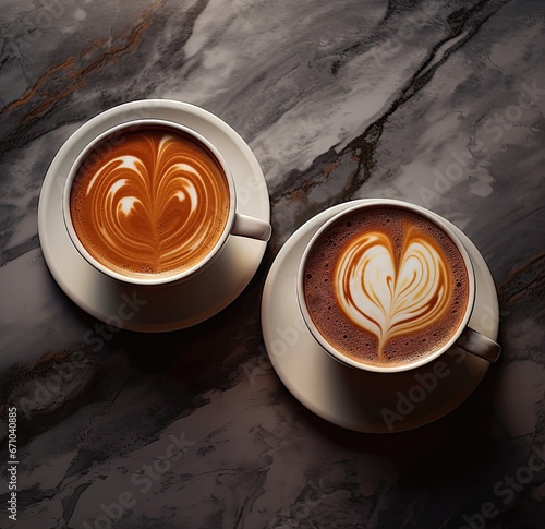 two very hot cups of coffee with its heart-shaped foam on a cold day  winter concept