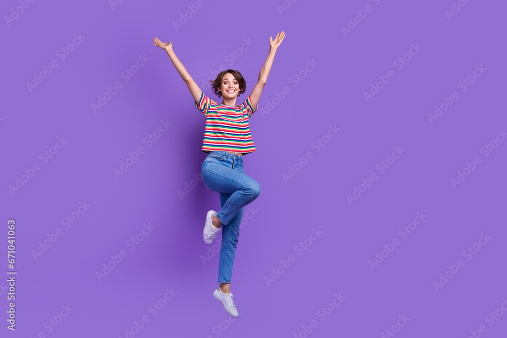 Full length photo of overjoyed cheerful girl wear trendy outfit rejoice special hot sale empty space isolated on violet color background
