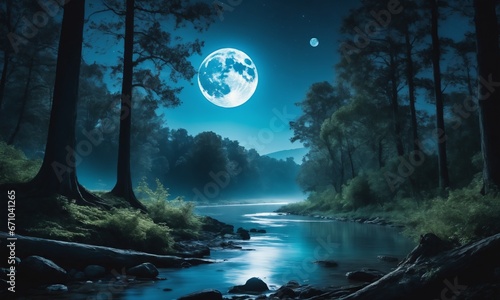 a river in a forest at night with a full moon