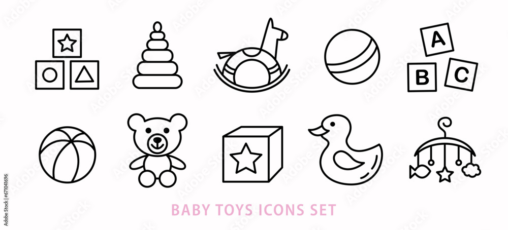 Newborn Baby Toys Icons Set Vector Kids Collection - obrazy, fototapety, plakaty 