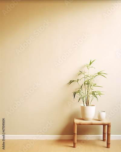 plain wall interior with empty photo frame mounted on the wall  bonsai plant in pot on the table