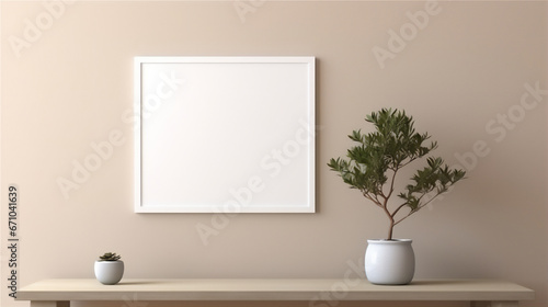 plain wall interior with empty photo frame mounted on the wall, bonsai plant in pot on the table © Maizal