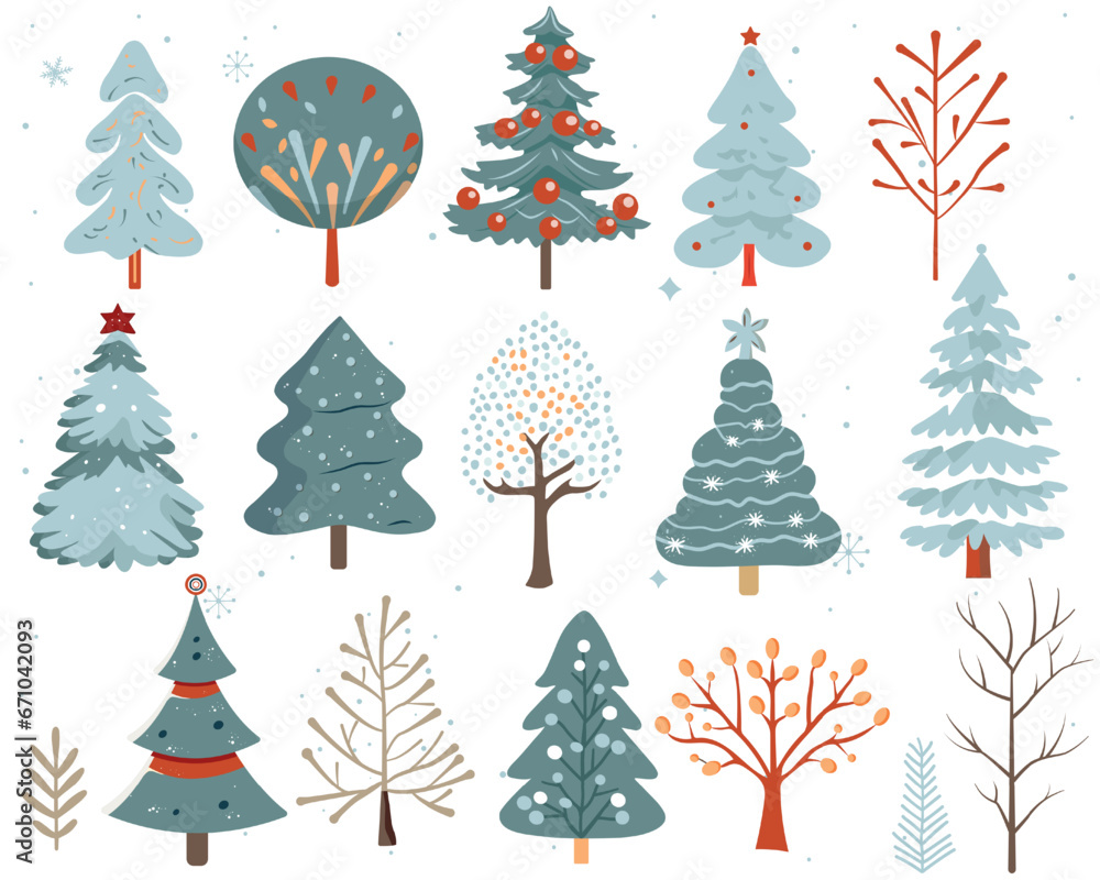 Set of winter scandi trees. Hand drawn christmas trees. Cute abstract colored trees. Trendy scandi vector plants.