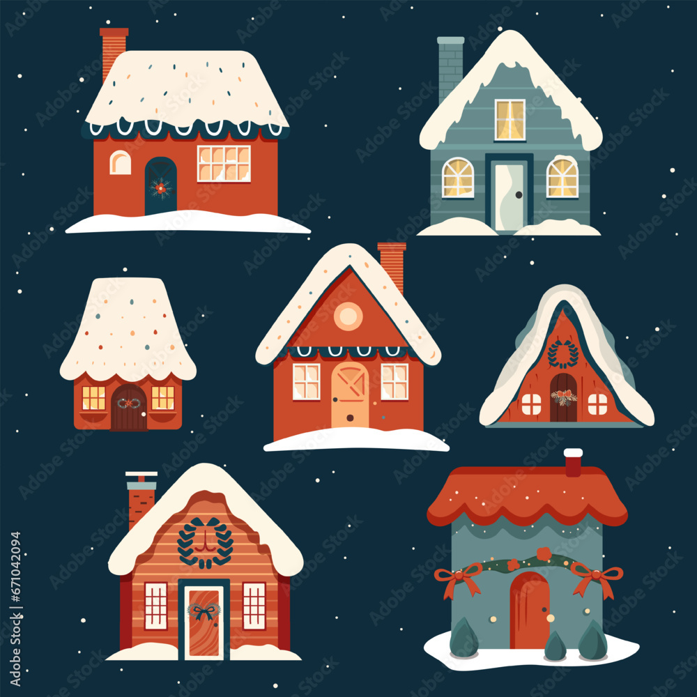 Set of hand drawn houses. Scandi christmas illustration, cute houses in cartoon style.