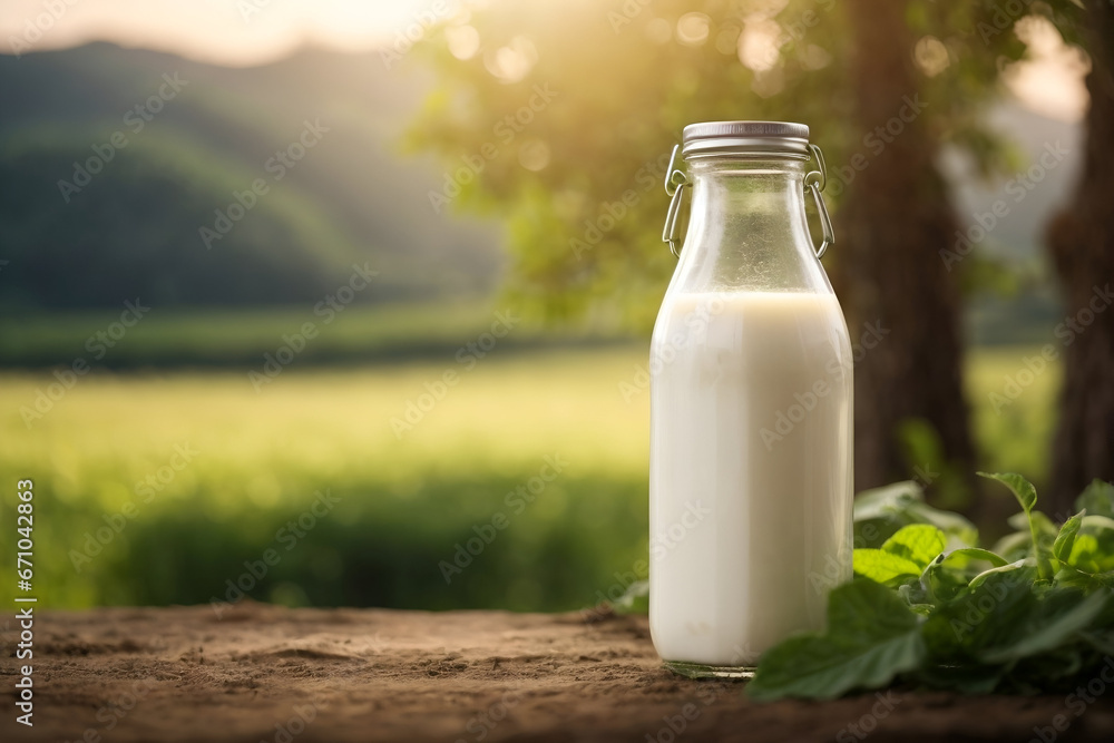 mockup milk bottle on farm background, glass bottle, for advertising mockup milk bottle on farm background, glass bottle, for advertising