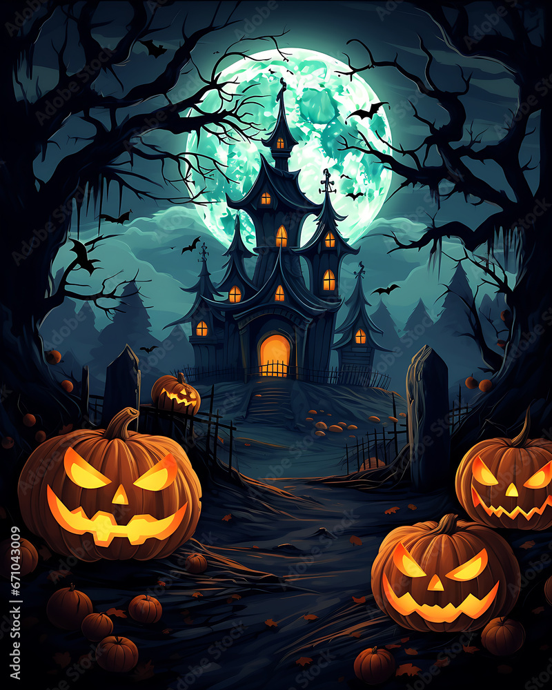 Fototapeta premium Halloween night, pumpkins, dark atmosphere, illustration for t-shirt, mugs, poster