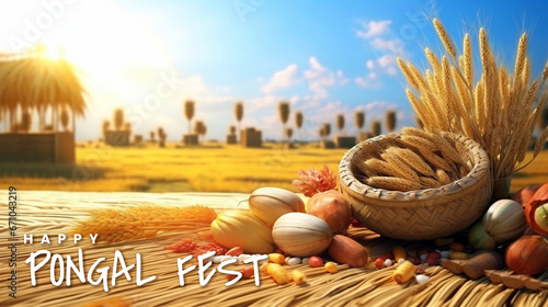 Tamil Nadu festival Happy Pongal with Pongal props, holiday Background, Indian Harvest Holiday photo