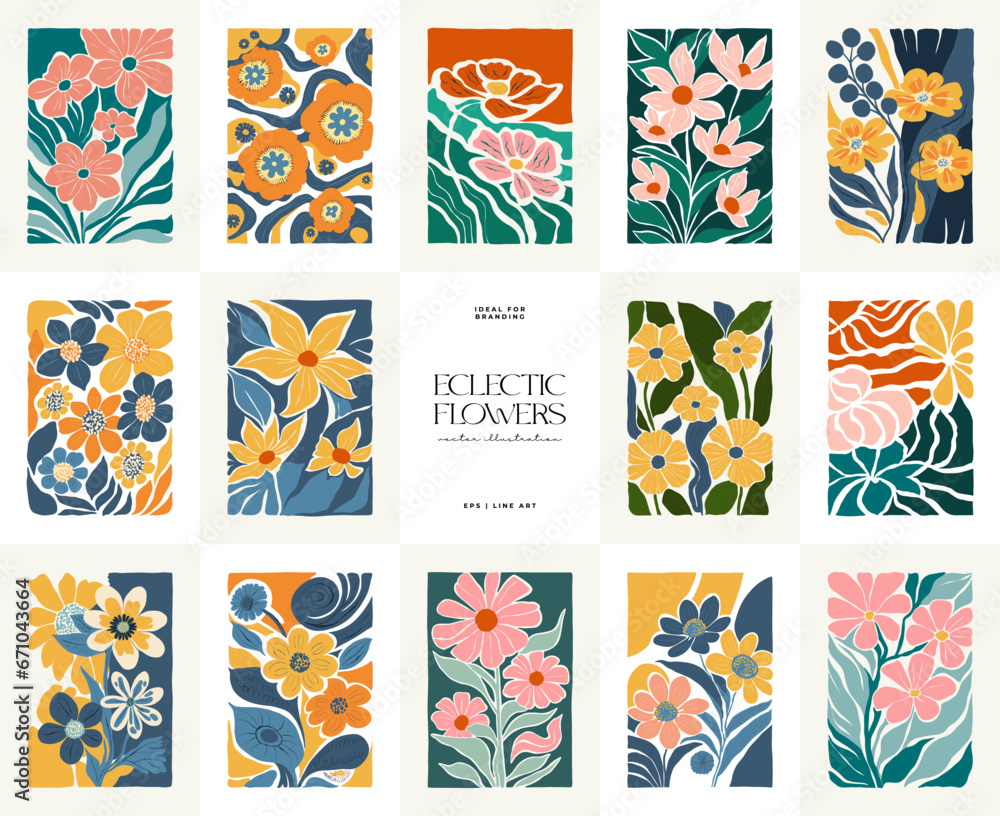 Fototapeta premium Floral abstract elements. Botanical composition. Modern trendy Matisse minimal style. Floral poster, invite. Vector arrangements for greeting card or invitation design
