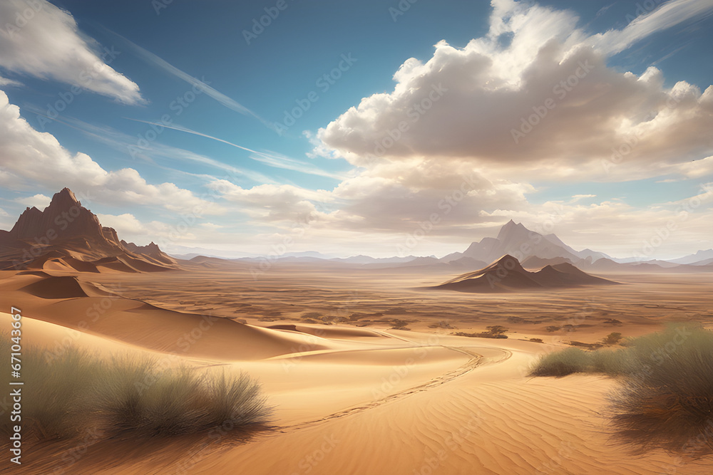 desert landscape with clouds blue sky mountains wind sand and road in wide angle view and animation style