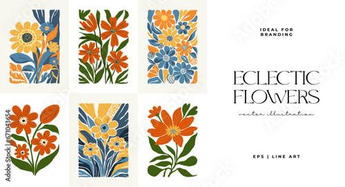 Floral abstract elements. Botanical composition. Modern trendy Matisse minimal style. Floral poster, invite. Vector arrangements for greeting card or invitation design