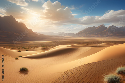 desert landscape with clouds blue sky mountains wind sand and road in wide angle view and animation style