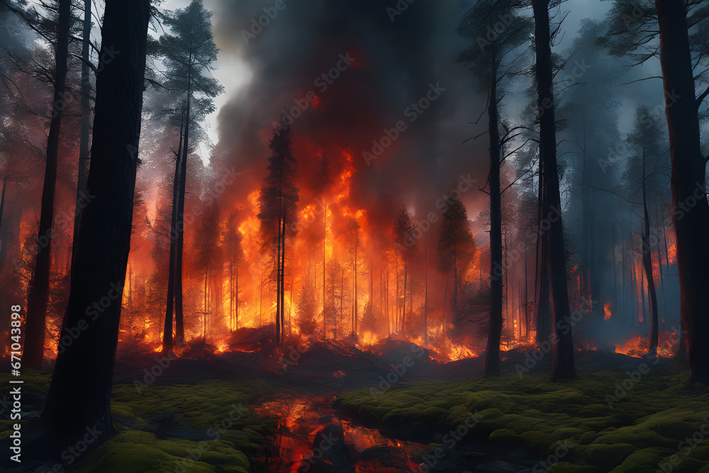 Forest fire disaster illustration, trees burning wildfire nature destruction, damaged environment caused by global warming and human error Forest fire disaster illustration, trees burning wildfire nature destruction, damaged environment caused by global warming and human error