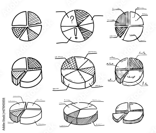 Pie Chart graph info. Set of Sketch hand drawn infographic. Business finance data. Line doodle diagram. Graphic financial cartoon clipart. Progress report analytics