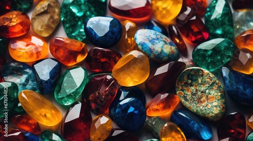  a bunch of different colored stones on a table together with one rock in the middle of the picture.  generative ai