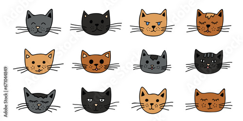 Hand drawn cat muzzle clipart. Cute pet face doodle set