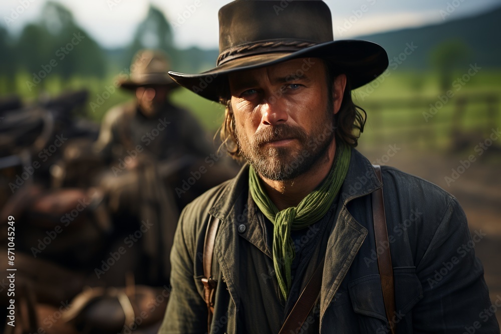 Portrait of mature man in cowboy clothes and hat against the backdrop of a wild western landscape. The Red Dead Redemption character looks at the camera with confident look. Real courageous cowboy.